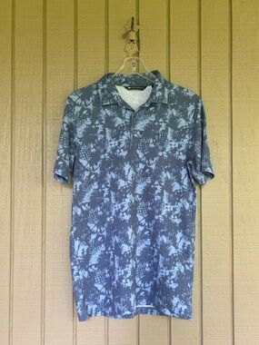 TravisMathew Featherweight Please Golf Polo Shirt Men Blue Teal Pineapple Print